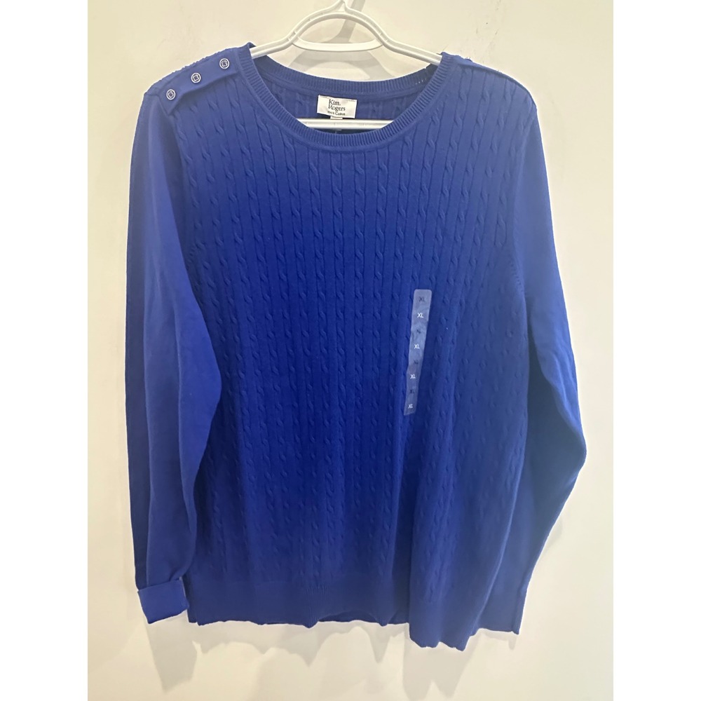 Kim Rogers Womens XL Royal Blue Cable Knit Cotton Button Shoulder Sweater NWT